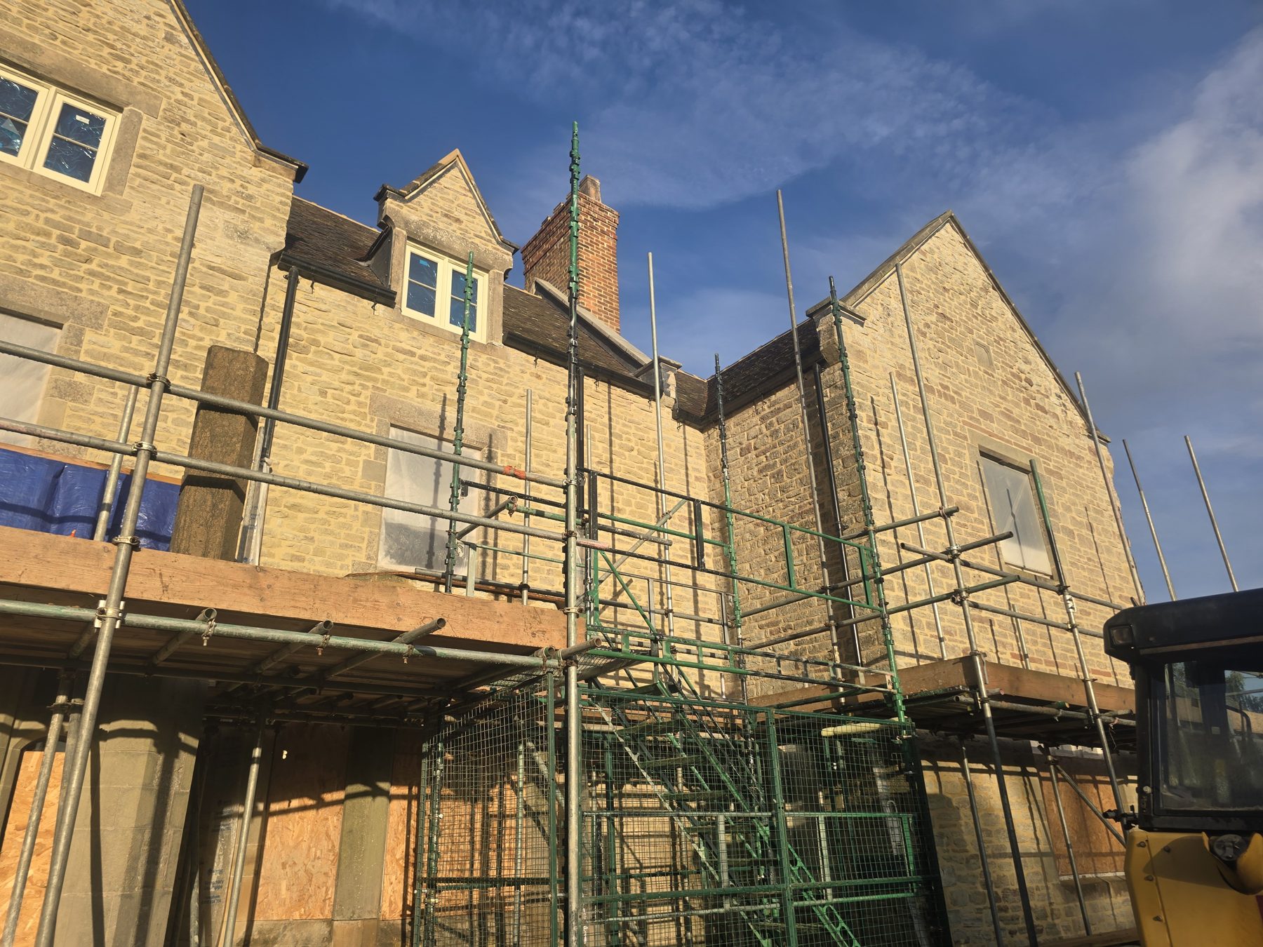 Scaffolding along the front of Cleobury Court during the works