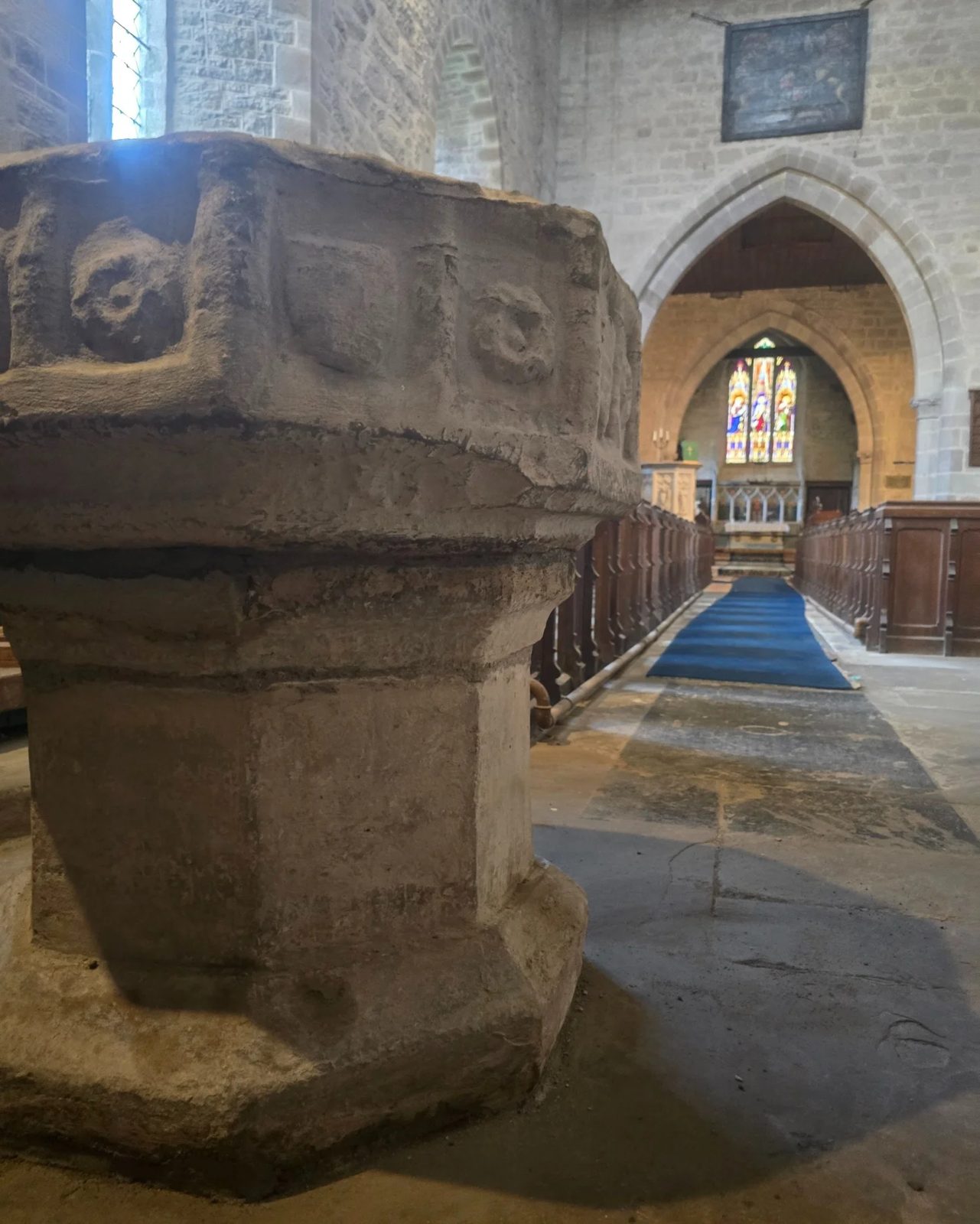 The relocated font at Stanton Lacy Church