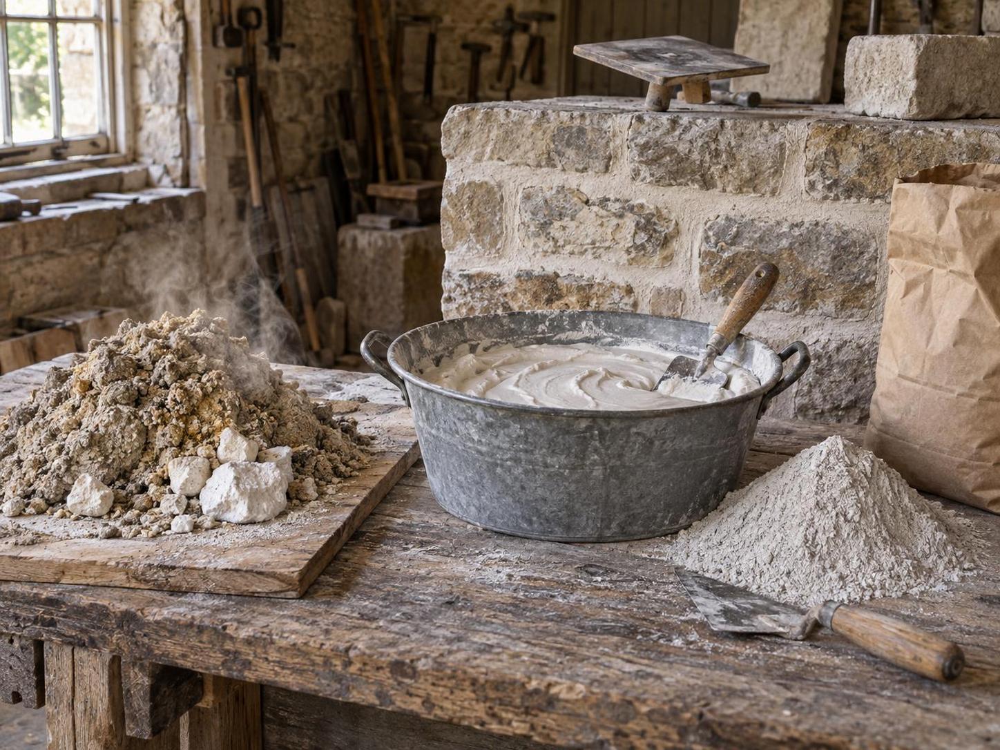 Hot-mixed lime mortar, a tub of lime putty and natural hydraulic lime powder on a stonemason's workbench