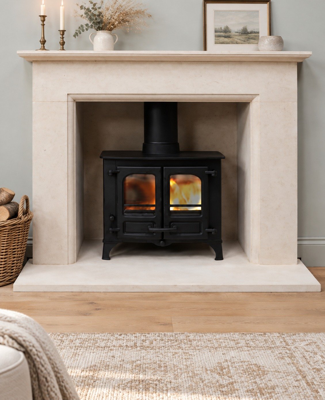 A pale stone fireplace with a wood-burning stove in a living room