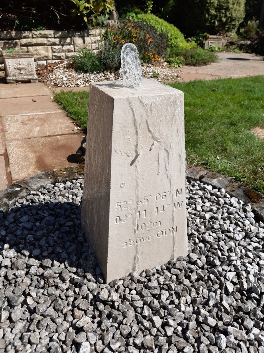 A stone water feature with hand-cut lettering in a garden